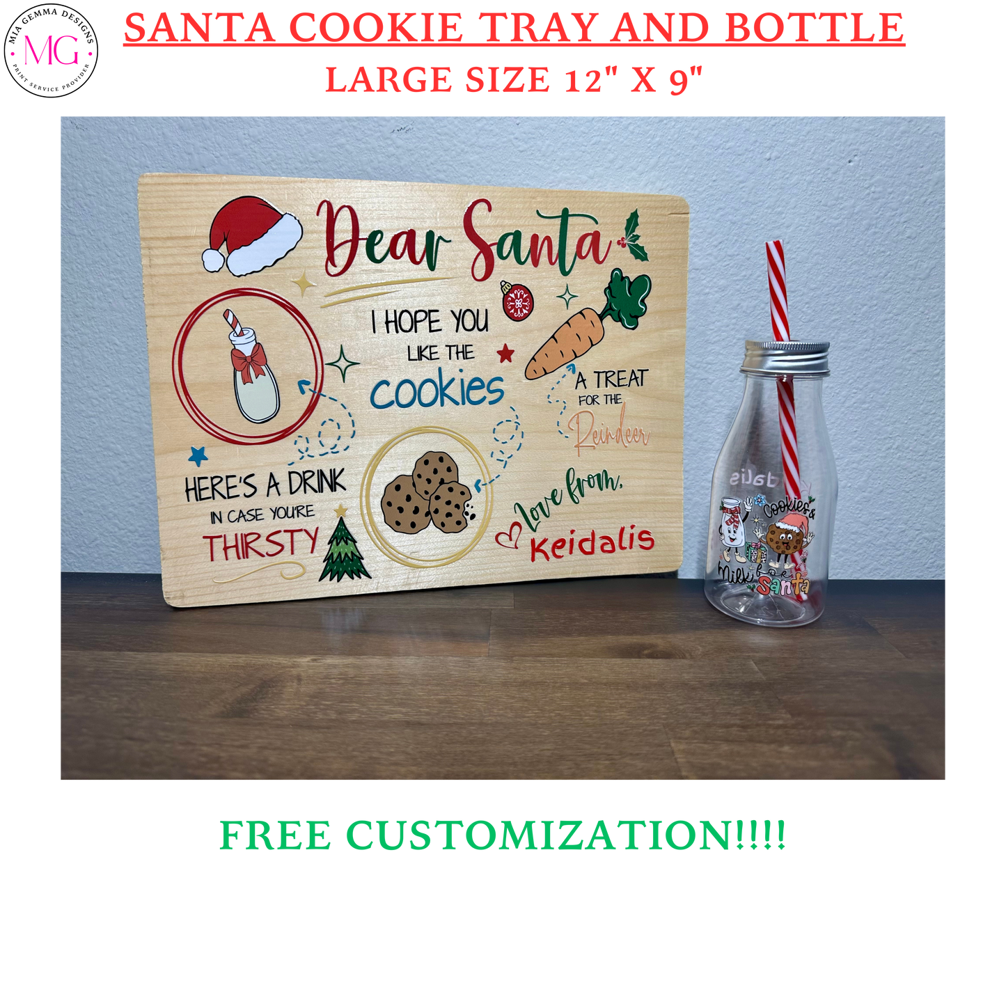 Santa Cookie Tray and Bottle - LARGE SIZE 12" X 9"