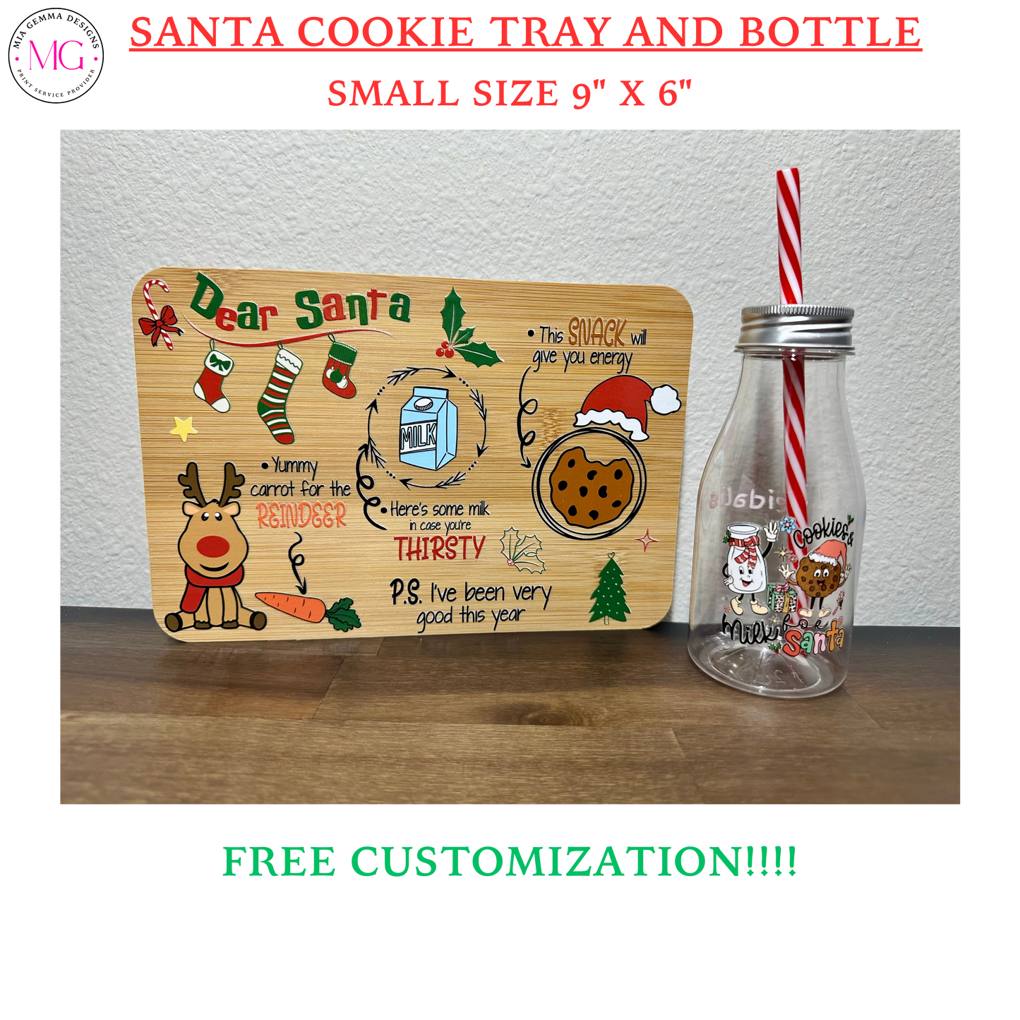 Santa Cookie Tray and Bottle - SMALL SIZE 9" X 6"